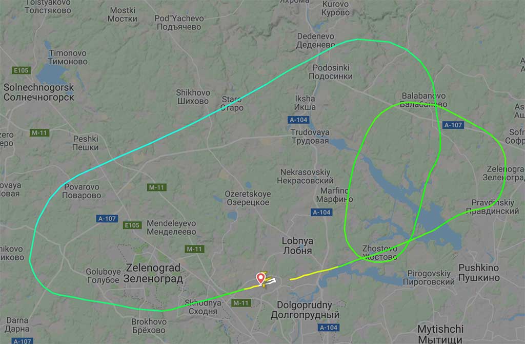 Траектория полета борта RA-89098 по данным flightradar24